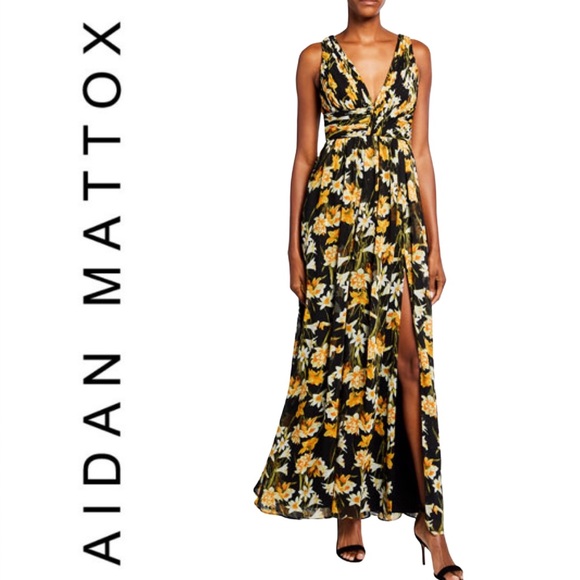 Aidan Mattox Black Floral Printed Sleeveless Slit Maxi Dress Size 4 - Picture 2 of 16